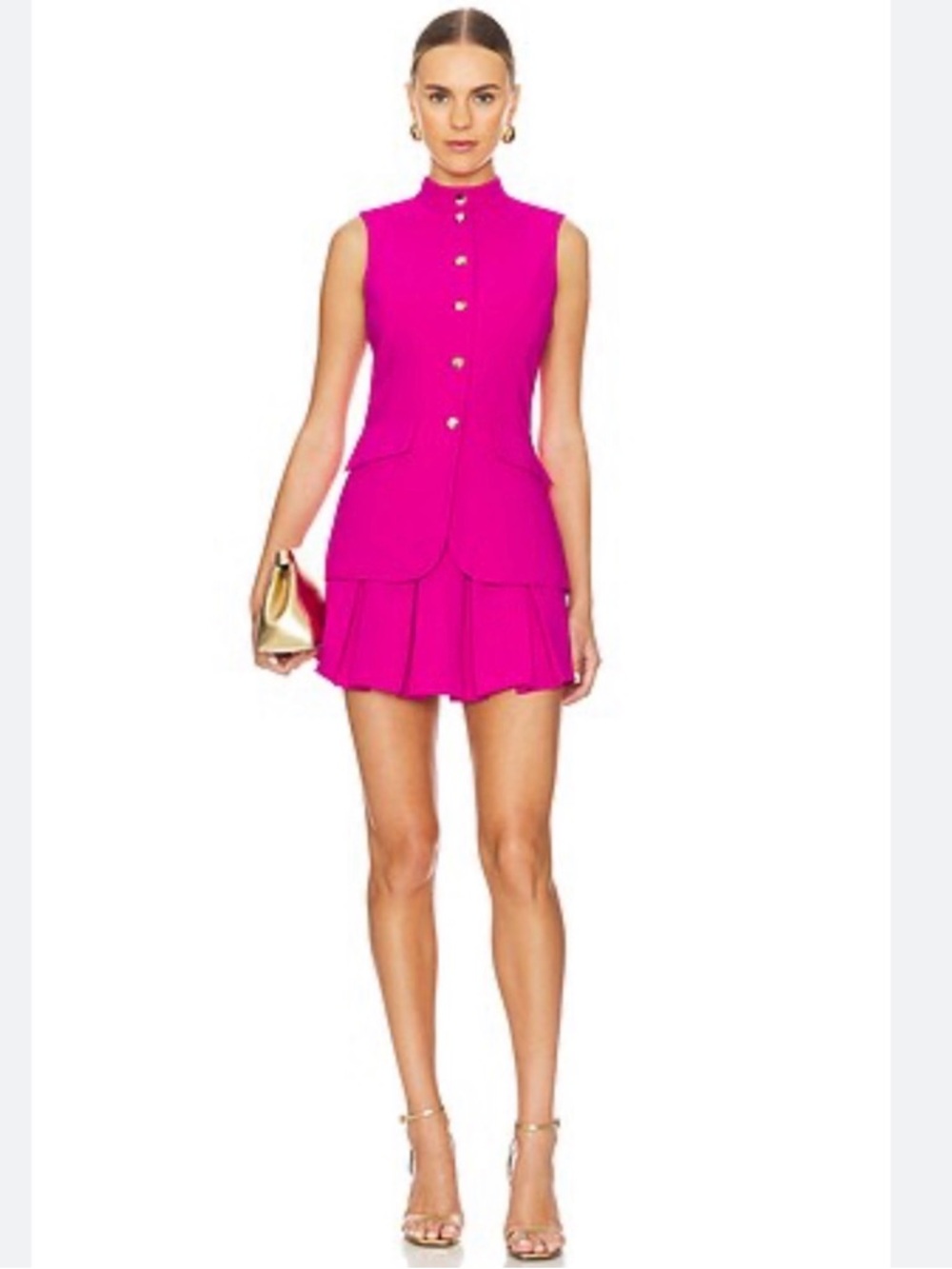 Amanda Uprichard Sleeveless Hot Pink Gold Buttoned Romper